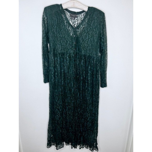 Nostalgia Dark Green Long Sleeve Lace Maxi Dress Grunge Gothic Academia Small - Picture 1 of 7